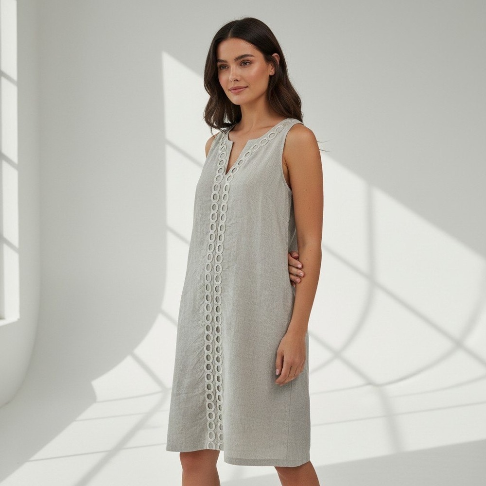 Tommy Bahama Womens Linen Embroidered V-Neck Shift Dress Oatmeal Beige Sz Small